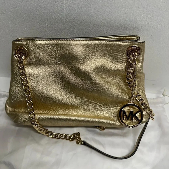 Michael Kors Shoulder Bag Metallic Gold Chain Leather Handbag Purse Medium - Picture 2 of 12